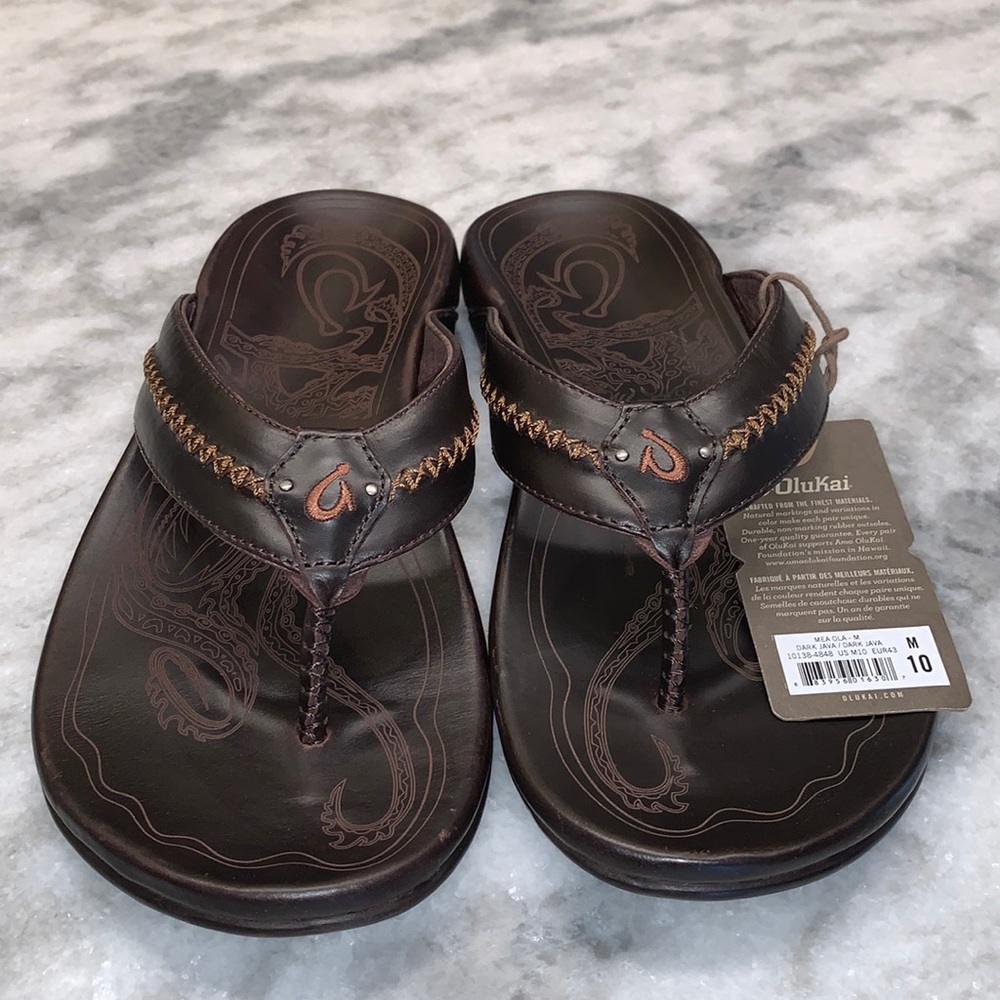 New OLUKAI MEA OLA leather flip flop sandals size 10 brown (dark Java)